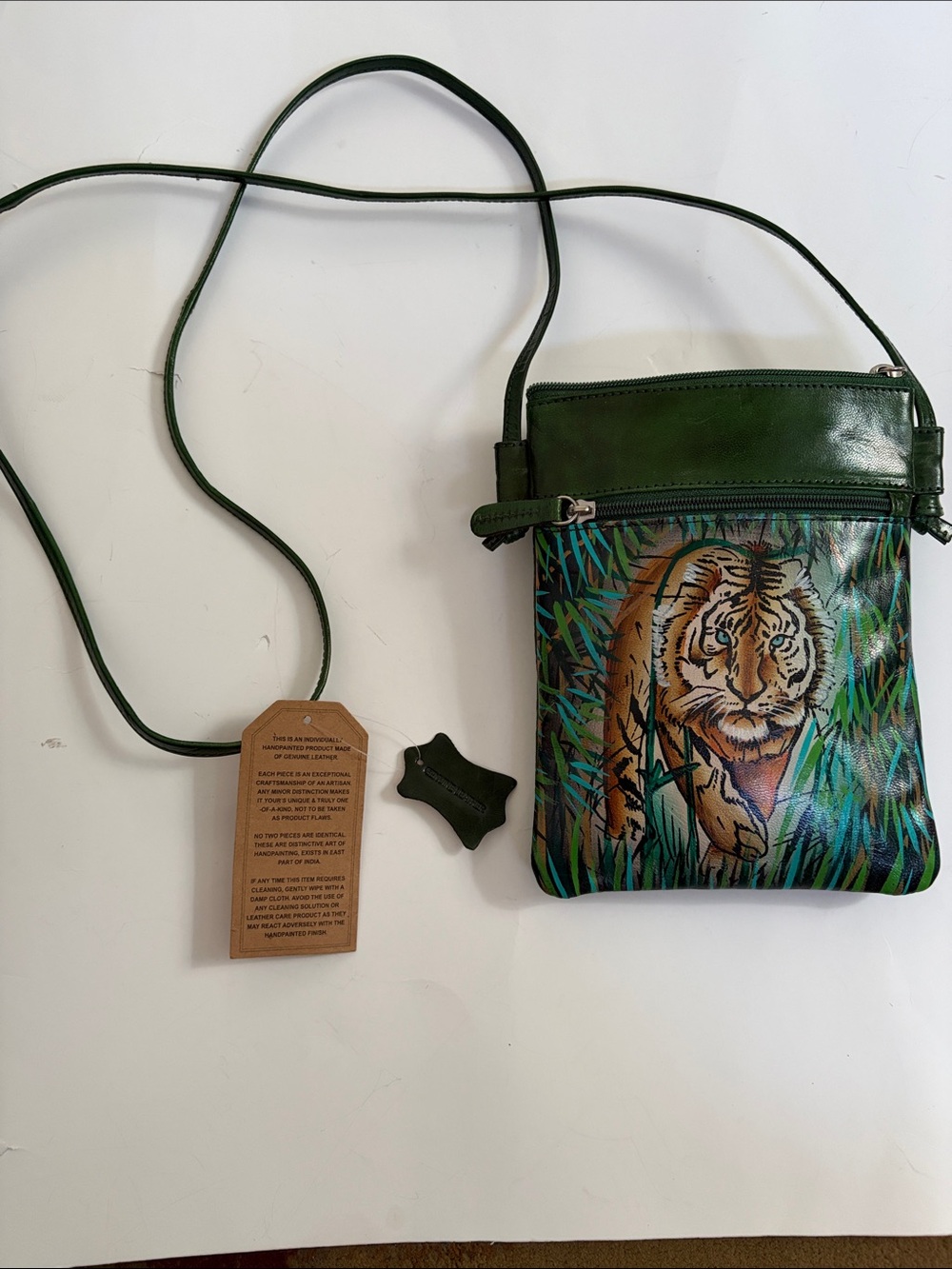 Green Leather Tiger Print Crossbody Bag - Hand-Painted Design